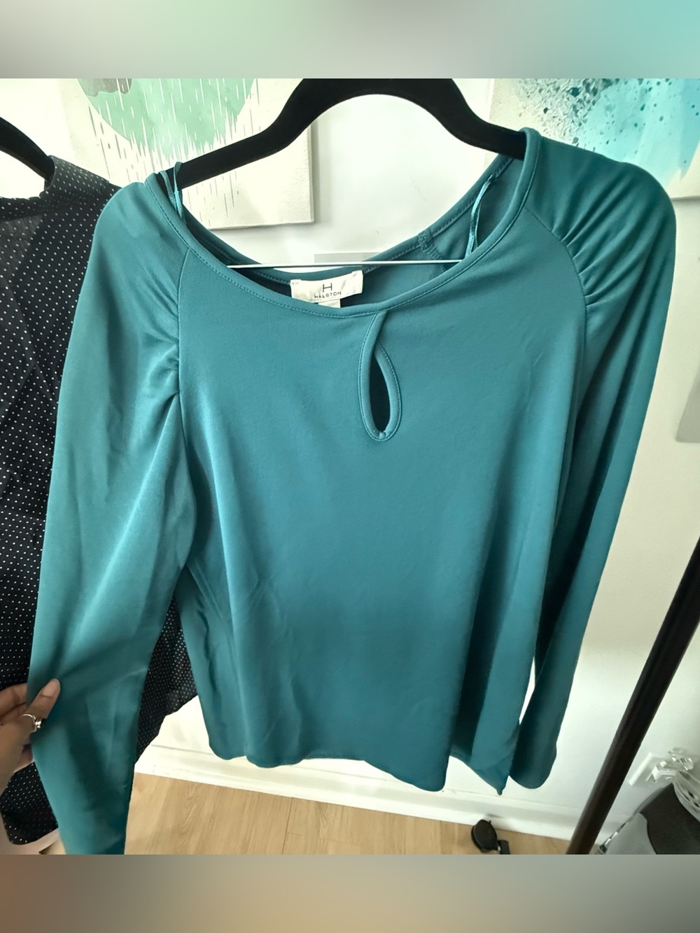 H by Halston Teal Keyhole Ruched Shoulder Long Sleeve Blouse - Size M